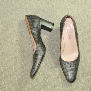 Escada Women's 7B Grey Crocodile Print Chunky Heels